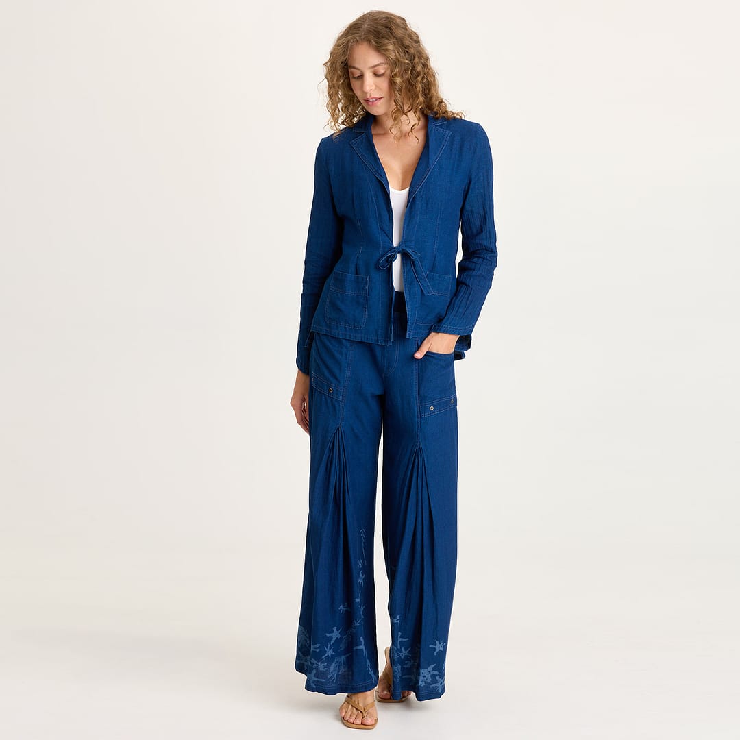 XCVI Jerona Printed Indigo Twill Double Pleated Wide-Leg Pant