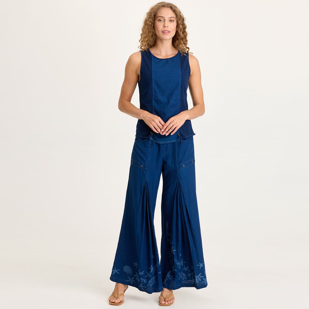 XCVI Jerona Printed Indigo Twill Double Pleated Wide-Leg Pant