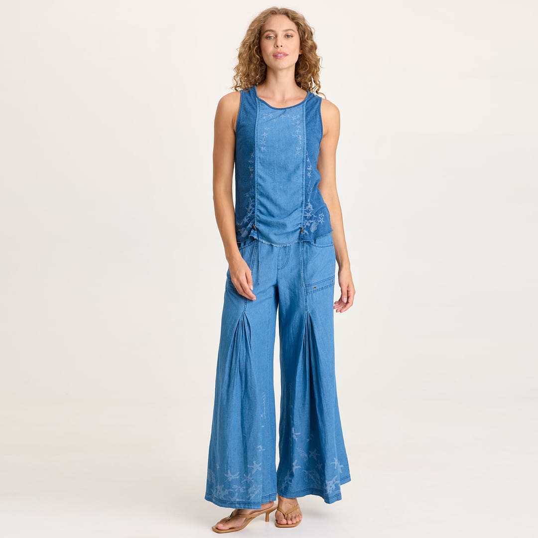 XCVI Jerona Printed Indigo Twill Double Pleated Wide-Leg Pant