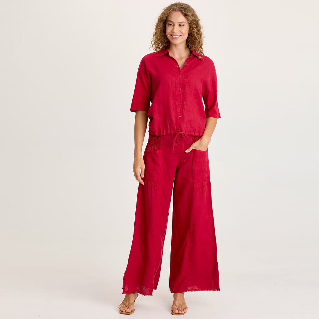 【CLWR】パンツXS XCVI Coleson Linen Smocked Waist Pleated Wide Leg Pant