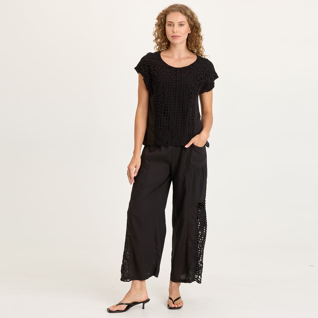 XCVI Nashir Crochet-Front Jersey-Back Short-Sleeve Top