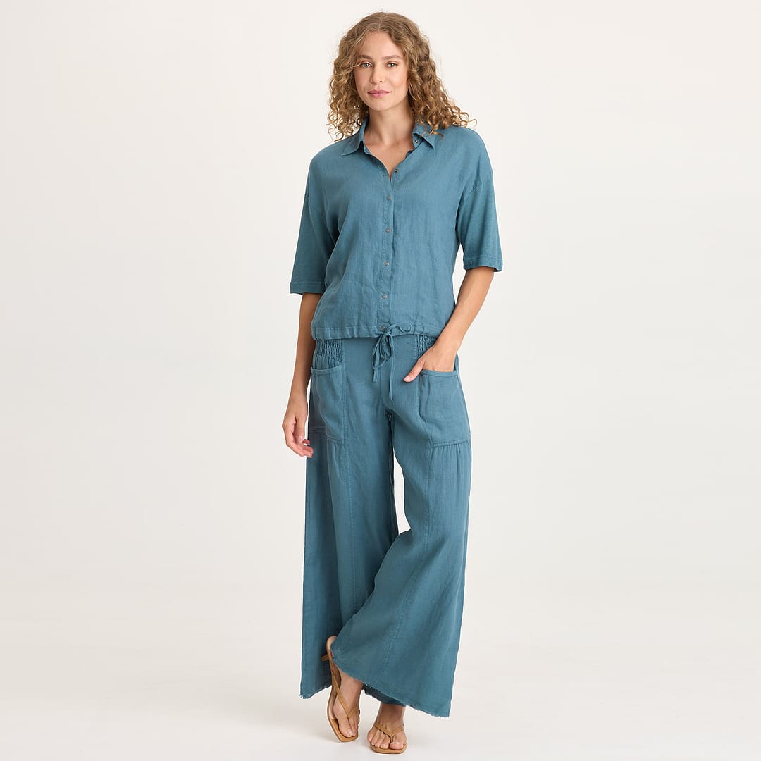 XCVI Coleson Linen Smocked Waist Pleated Wide Leg Pant