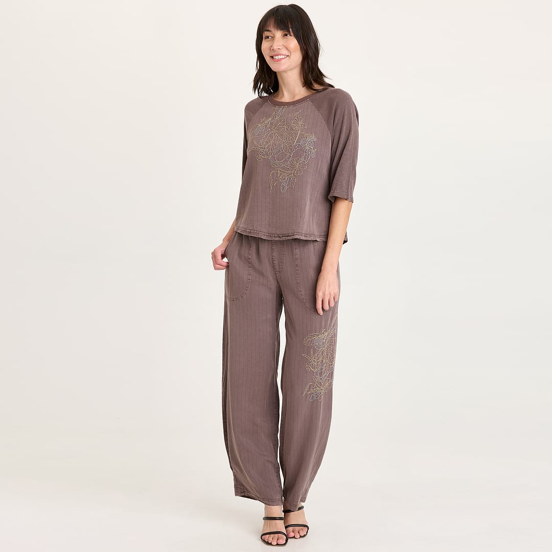 XCVI Carell Embroidered Pinstripe Twill Pleated Hem Full Leg Pant