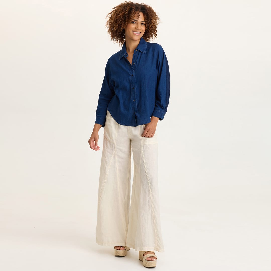 apolina 24aw ブラウス Abena Cotton Linen Indigo Twill Snap-Up Dolman Sleeve Collared Top